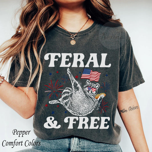 Comfort Colors® Feral But Free Raccoon Shirt, Funny 4th of July Tee, Patriotic Raccoon Shirt, Independence Day Outfit, USA Raccoon Tee