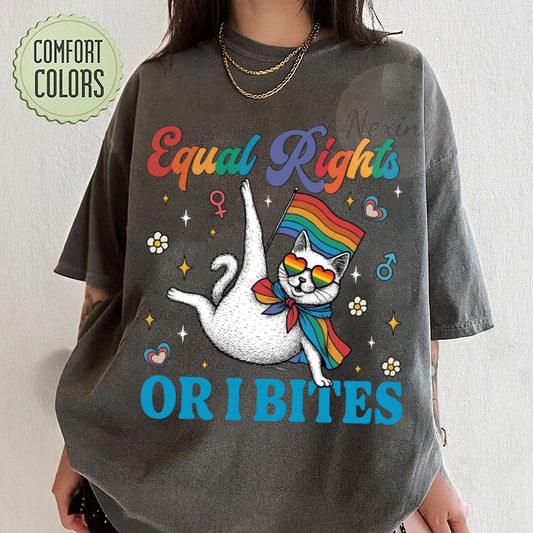 Comfort Colors Equal Rights or I Bites Rainbow Cat Shirt, Pride Activism Kitty Shirt LGBTQAI Pride Gift Idea, Cat Lover Gift Idea for Pride