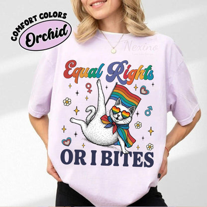 Comfort Colors Equal Rights or I Bites Rainbow Cat Shirt, Pride Activism Kitty Shirt LGBTQAI Pride Gift Idea, Cat Lover Gift Idea for Pride