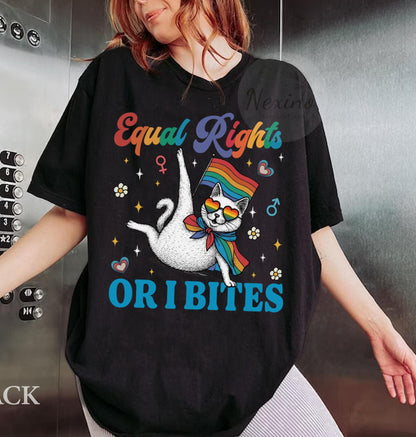 Comfort Colors Equal Rights or I Bites Rainbow Cat Shirt, Pride Activism Kitty Shirt LGBTQAI Pride Gift Idea, Cat Lover Gift Idea for Pride