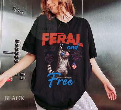 Funny 4th of July Shirt, Feral & Free Raccoon Comfort Colors T-Shirt, American Feral Girl Summer Meme Shirt, Patriotic Independence Day Gift
