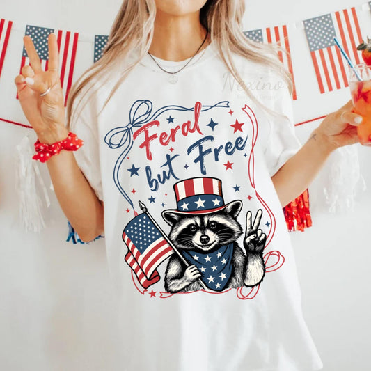 Funny 4th of July Shirt, Feral & Free Raccoon T-Shirt, American Feral Girl Summer Meme Shirt, Patriotic Independence Day Gift