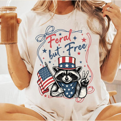 Funny 4th of July Shirt, Feral & Free Raccoon T-Shirt, American Feral Girl Summer Meme Shirt, Patriotic Independence Day Gift
