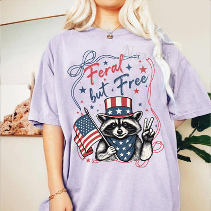 Funny 4th of July Shirt, Feral & Free Raccoon T-Shirt, American Feral Girl Summer Meme Shirt, Patriotic Independence Day Gift