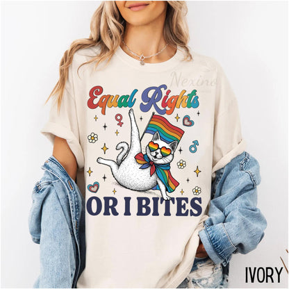 Comfort Colors Equal Rights or I Bites Rainbow Cat Shirt, Pride Activism Kitty Shirt LGBTQAI Pride Gift Idea, Cat Lover Gift Idea for Pride
