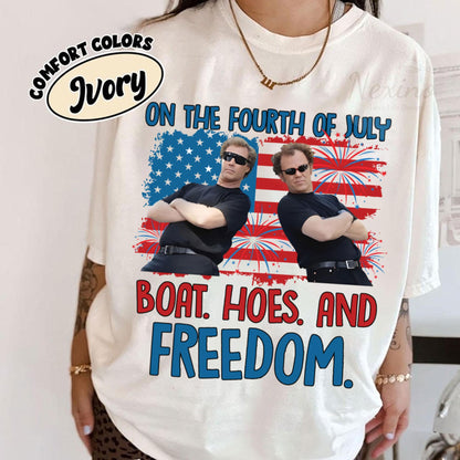 On the Fourth Of July Boats Hoes And Freedom Comfort Colors T Shirts, 4th of July Shirts, Patriotic Fourth Of July Funny Movie T Shirts