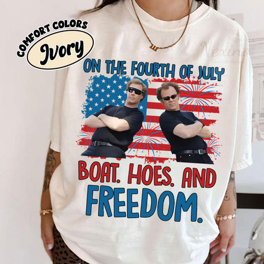 On the Fourth Of July Boats Hoes And Freedom Comfort Colors T Shirts, 4th of July Shirts, Patriotic Fourth Of July Funny Movie T Shirts