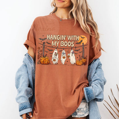 Funny Hanging Ghosts Halloween Shirt, Hangin’ With My Boos Shirt, Cute Pumpkin Bat T Shirt, Halloween Boos Shirt, Halloween Retro Shirt
