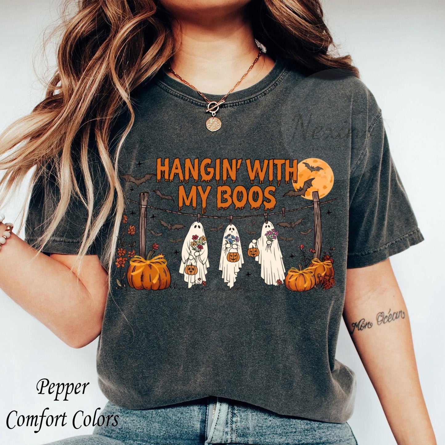Funny Hanging Ghosts Halloween Shirt, Hangin’ With My Boos Shirt, Cute Pumpkin Bat T Shirt, Halloween Boos Shirt, Halloween Retro Shirt