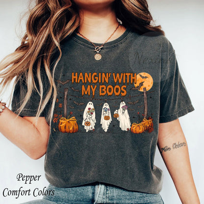 Funny Hanging Ghosts Halloween Shirt, Hangin’ With My Boos Shirt, Cute Pumpkin Bat T Shirt, Halloween Boos Shirt, Halloween Retro Shirt