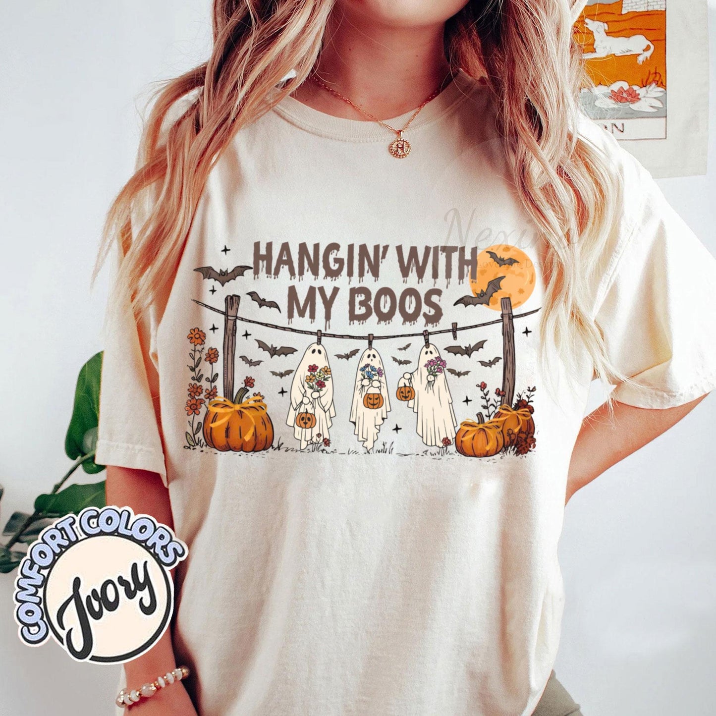 Funny Hanging Ghosts Halloween Shirt, Hangin’ With My Boos Shirt, Cute Pumpkin Bat T Shirt, Halloween Boos Shirt, Halloween Retro Shirt