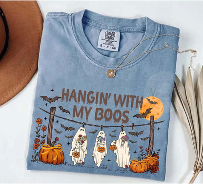 Funny Hanging Ghosts Halloween Shirt, Hangin’ With My Boos Shirt, Cute Pumpkin Bat T Shirt, Halloween Boos Shirt, Halloween Retro Shirt