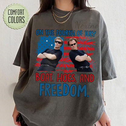 On the Fourth Of July Boats Hoes And Freedom Comfort Colors T Shirts, 4th of July Shirts, Patriotic Fourth Of July Funny Movie T Shirts