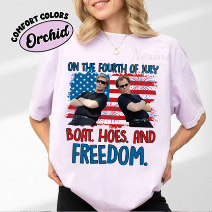 On the Fourth Of July Boats Hoes And Freedom Comfort Colors T Shirts, 4th of July Shirts, Patriotic Fourth Of July Funny Movie T Shirts