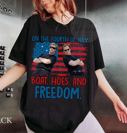On the Fourth Of July Boats Hoes And Freedom Comfort Colors T Shirts, 4th of July Shirts, Patriotic Fourth Of July Funny Movie T Shirts