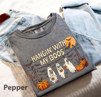 Funny Hanging Ghosts Halloween Shirt, Hangin’ With My Boos Shirt, Cute Pumpkin Bat T Shirt, Halloween Boos Shirt, Halloween Retro Shirt