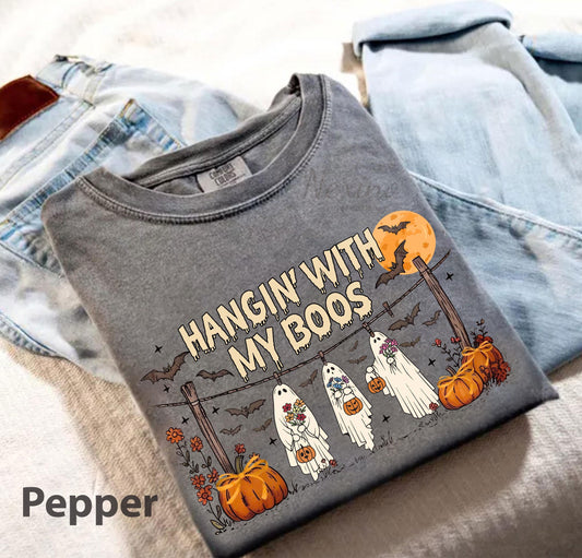 Funny Hanging Ghosts Halloween Shirt, Hangin’ With My Boos Shirt, Cute Pumpkin Bat T Shirt, Halloween Boos Shirt, Halloween Retro Shirt