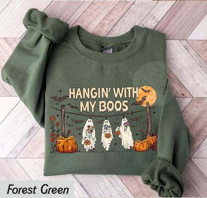 Funny Hanging Ghosts Halloween Shirt, Hangin’ With My Boos Shirt, Cute Pumpkin Bat T Shirt, Halloween Boos Shirt, Halloween Retro Shirt