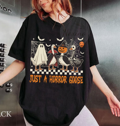 Just a Horror Goose Comfort Shirt, Funny Halloween Goose Shirt, Goose in Halloween Costumes Shirt, Cute Horror Shirt, Spooky Goose