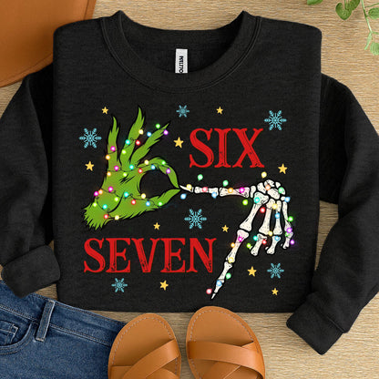Six Seven Meme Christmas Green Guy Skeleton Hands Shirt, Funny Christmas Bones Shirt, Xmas 6 7 Shirt, Christmas Movie Shirt, Trendy Social Shirt