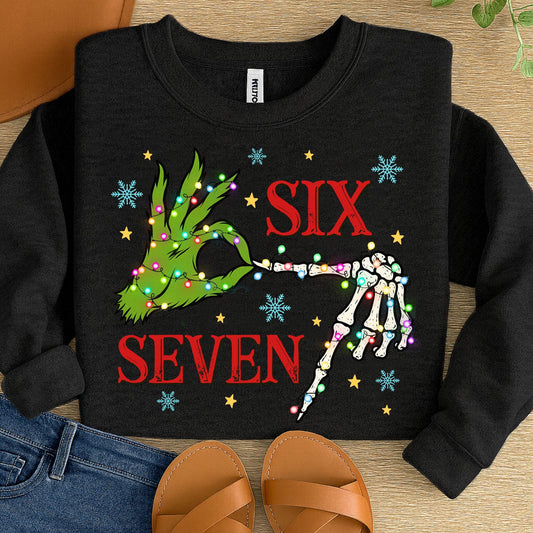 Six Seven Meme Christmas Green Guy Skeleton Hands Shirt, Funny Christmas Bones Shirt, Xmas 6 7 Shirt, Christmas Movie Shirt, Trendy Social Shirt