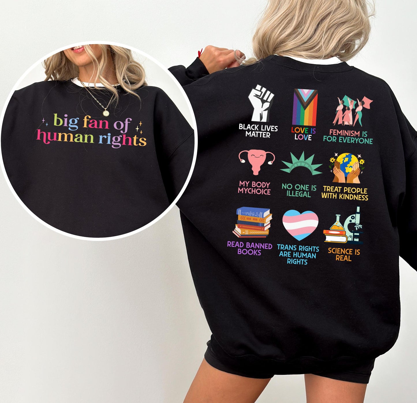 Big Fan Of Human Rights Sweater, Retro Rainbow LGBT Sweatshirt, Radicalized by Basic Decency Crewneck, Gift For Liberal, AntiTrump Gifts