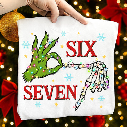 Six Seven Meme Christmas Green Guy Skeleton Hands Shirt, Funny Christmas Bones Shirt, Xmas 6 7 Shirt, Christmas Movie Shirt, Trendy Social Shirt