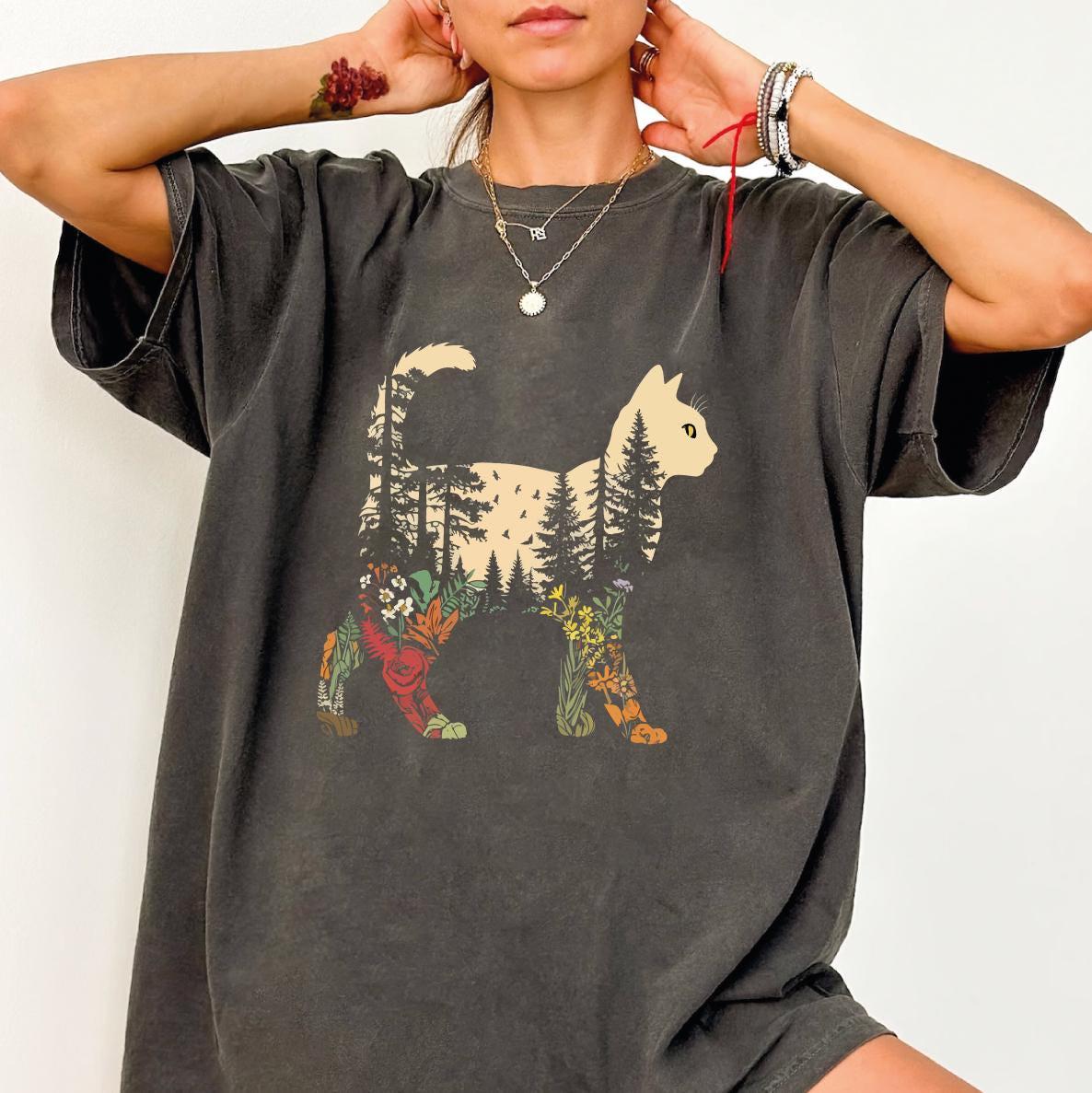 Boho Cat Plants Shirt: Short & Long Sleeve, Nature Trees Wild Flowers Tees, Women Cat Lovers Tee, Christmas Mom Gift for Her