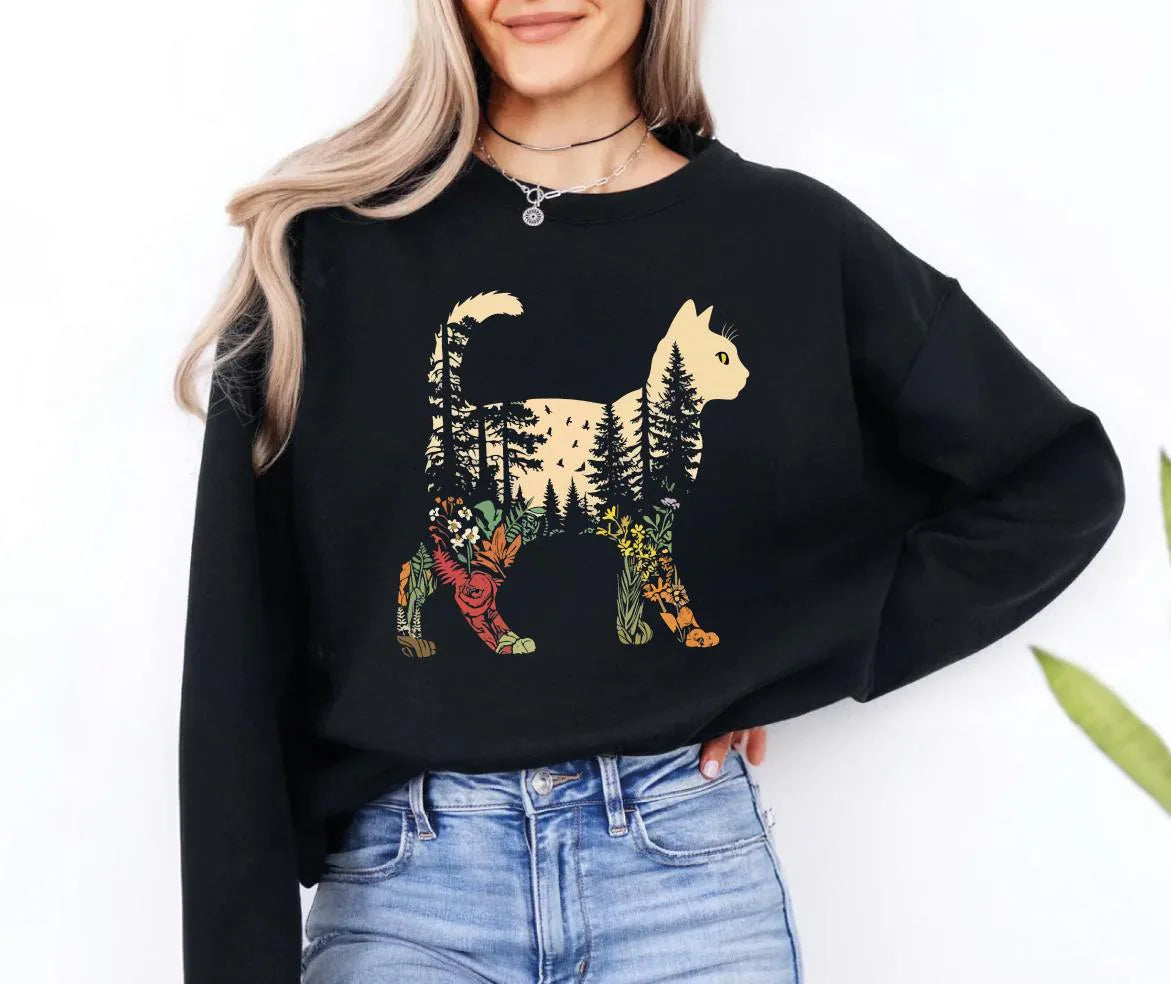 Boho Cat Plants Shirt: Short & Long Sleeve, Nature Trees Wild Flowers Tees, Women Cat Lovers Tee, Christmas Mom Gift for Her
