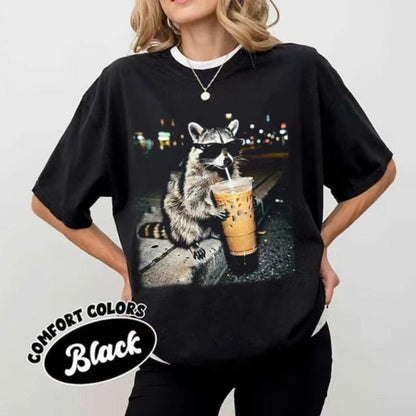 Raccoon Drinking Iced Coffee Shirt, Retro Prehistoric Shirt, Gift For Animal Lover, Funny Animal Meme Tee, Coffee Raccoon Tee