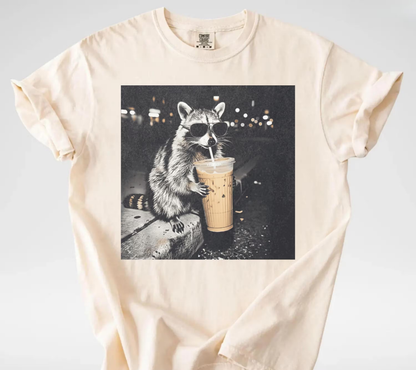 Retro Raccoon Drinking Iced Coffee Shirt, Funny Animal Meme Tee, Coffee Lover Raccoon Shirt, Unisex Graphic T Shirt