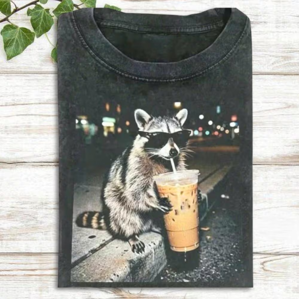 Raccoon Drinking Iced Coffee Shirt, Retro Prehistoric Shirt, Gift For Animal Lover, Funny Animal Meme Tee, Coffee Raccoon Tee