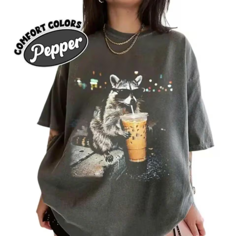 Raccoon Drinking Iced Coffee Shirt, Retro Prehistoric Shirt, Gift For Animal Lover, Funny Animal Meme Tee, Coffee Raccoon Tee