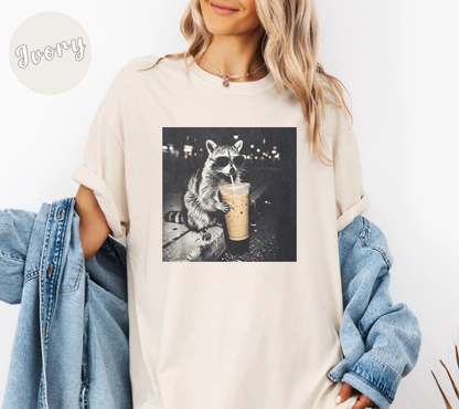 Retro Raccoon Drinking Iced Coffee Shirt, Funny Animal Meme Tee, Coffee Lover Raccoon Shirt, Unisex Graphic T Shirt