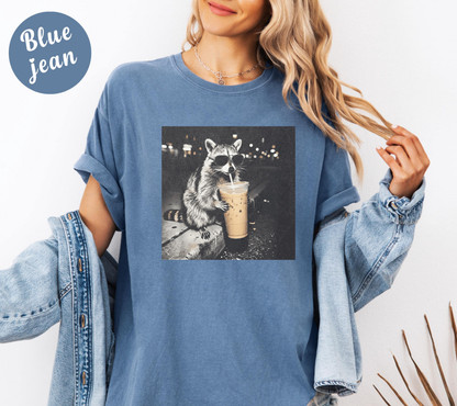 Retro Raccoon Drinking Iced Coffee Shirt, Funny Animal Meme Tee, Coffee Lover Raccoon Shirt, Unisex Graphic T Shirt