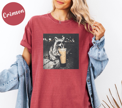 Retro Raccoon Drinking Iced Coffee Shirt, Funny Animal Meme Tee, Coffee Lover Raccoon Shirt, Unisex Graphic T Shirt