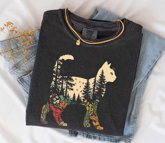 Boho Cat Plants Shirt: Short & Long Sleeve, Nature Trees Wild Flowers Tees, Women Cat Lovers Tee, Christmas Mom Gift for Her