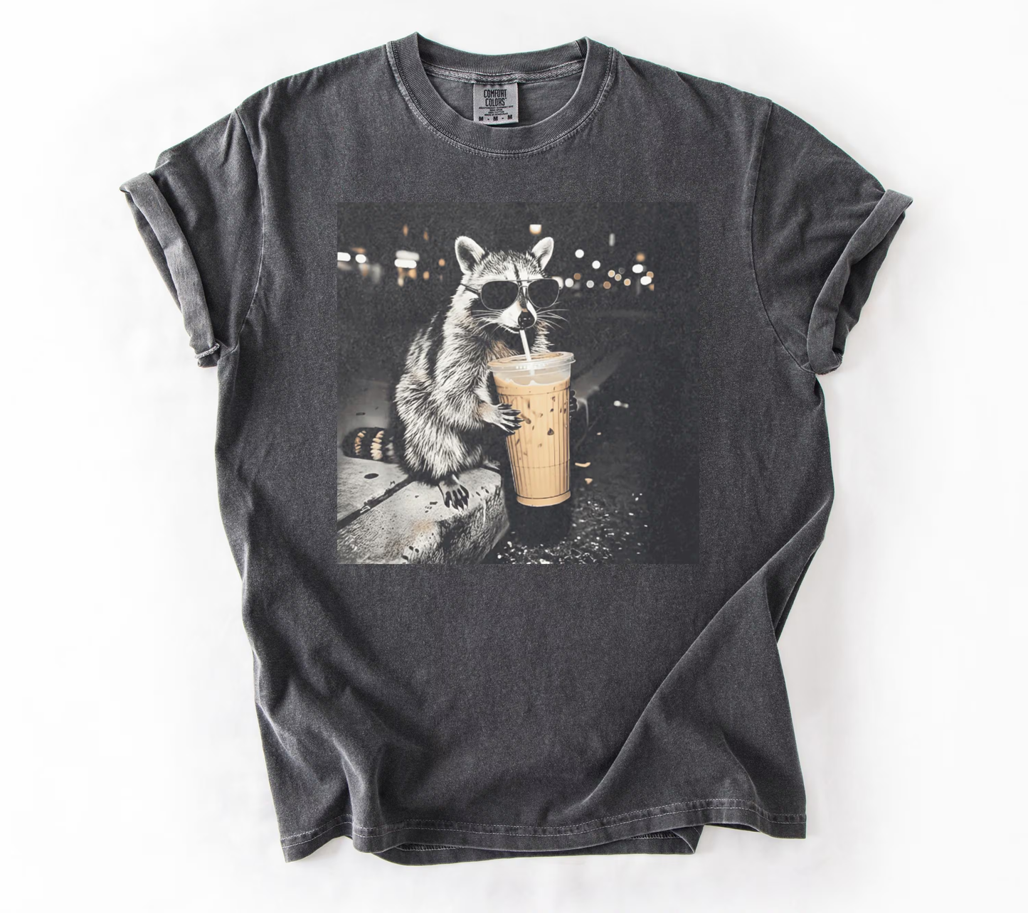 Retro Raccoon Drinking Iced Coffee Shirt, Funny Animal Meme Tee, Coffee Lover Raccoon Shirt, Unisex Graphic T Shirt