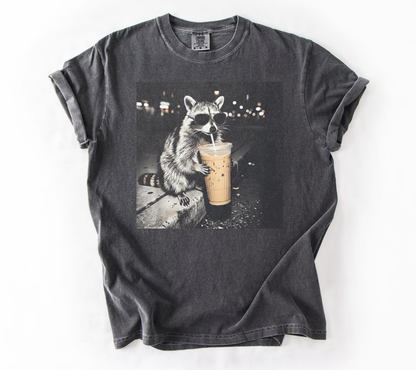 Retro Raccoon Drinking Iced Coffee Shirt, Funny Animal Meme Tee, Coffee Lover Raccoon Shirt, Unisex Graphic T Shirt