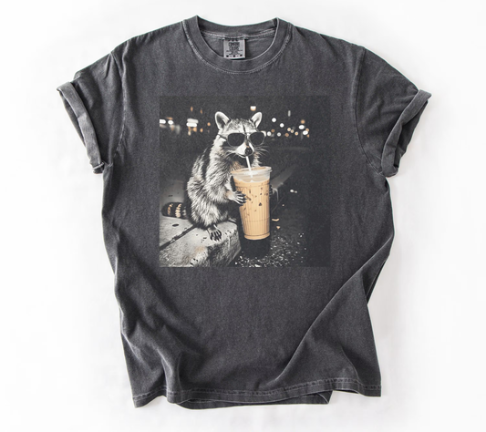 Retro Raccoon Drinking Iced Coffee Shirt, Funny Animal Meme Tee, Coffee Lover Raccoon Shirt, Unisex Graphic T Shirt