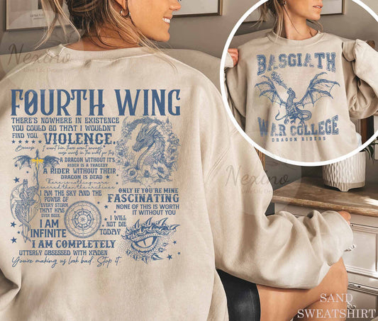 Vintage Basgiath War College Double-side Shirt Dragon Rider Shirt Fourth Wing T-Shirt Dragon Fly Shirt Dark Academia Shirt Basgiath Fourth Wing Sweatshirt